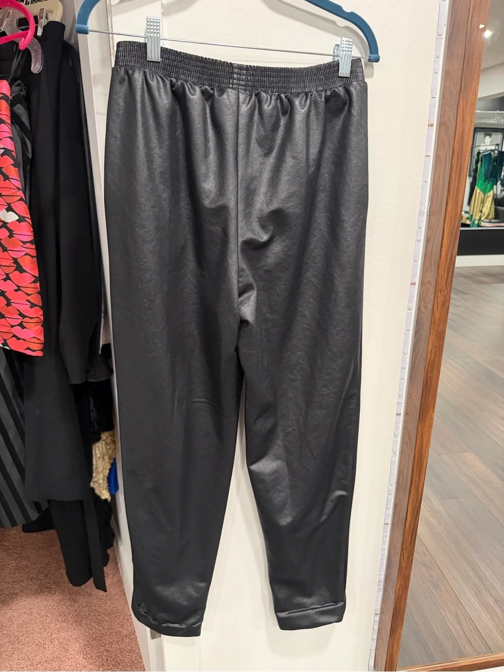 Women’s Black Faux Leather Jogger Pants - Elastic Waist